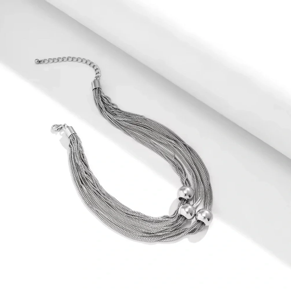 18K White Gold Plated Chunky Thick Layered Chain W/ Exaggerated Beads Necklace - Picture 7 of 7